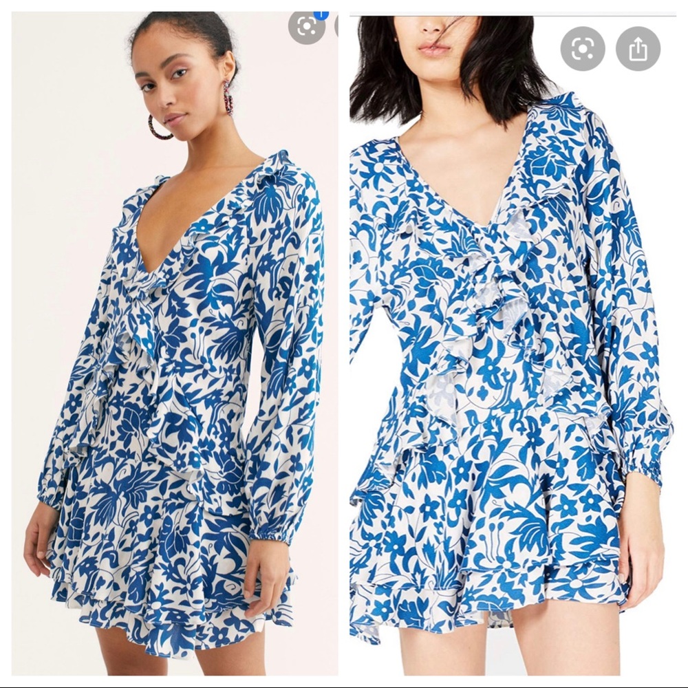 NWOT Free People Blue and White Floral Ruffle Mini Dress